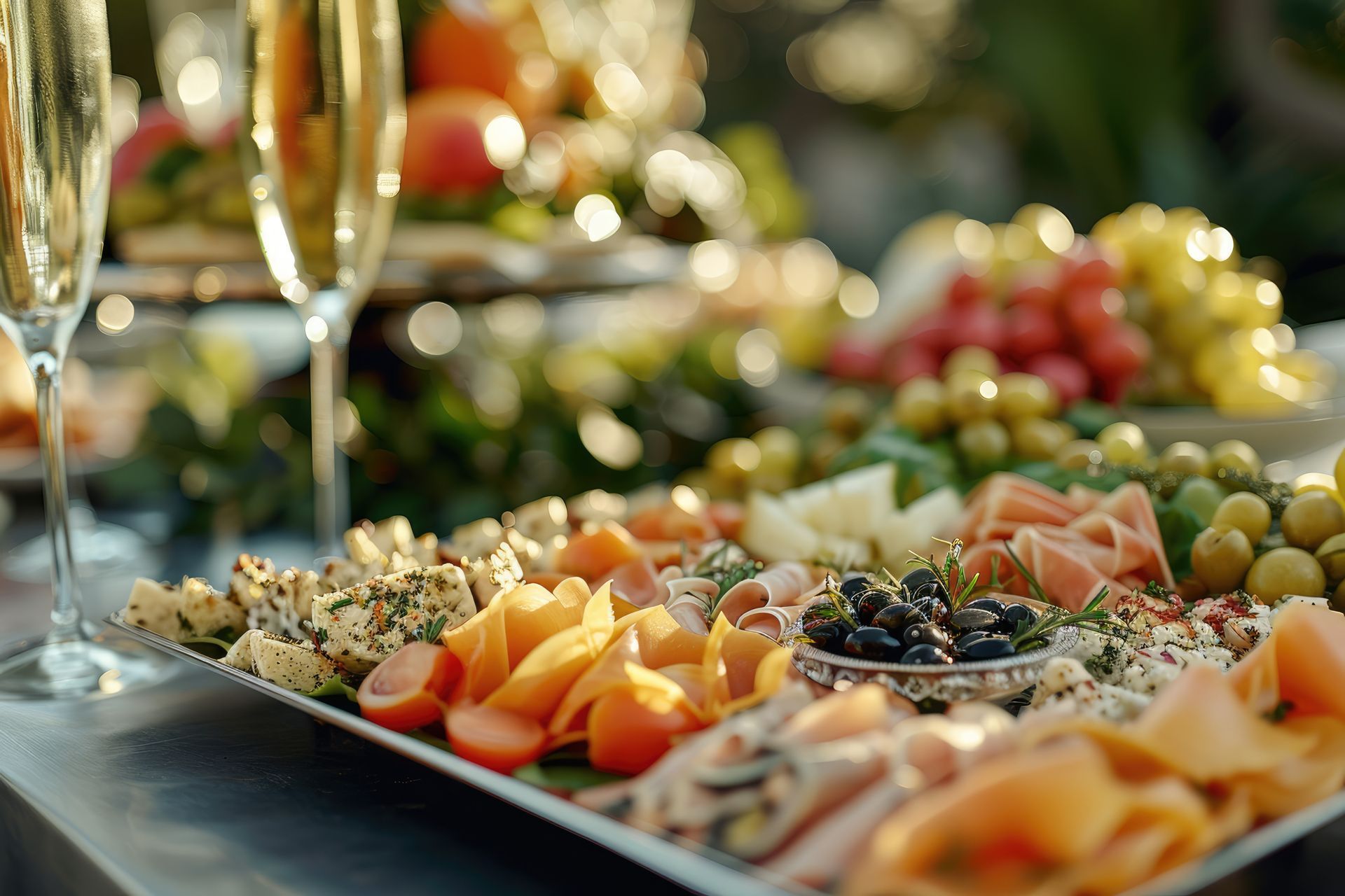 A close up of a plate of food with a glass of wine in the background.
