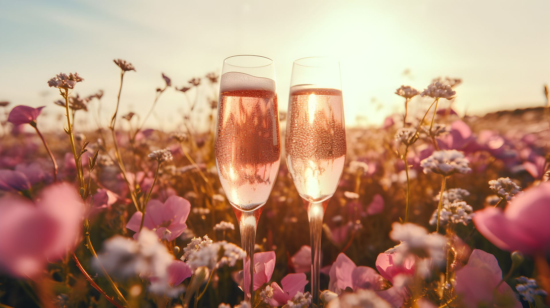 Two champagne flutes filled with pink bubbly in a field of wildflowers at sunset.