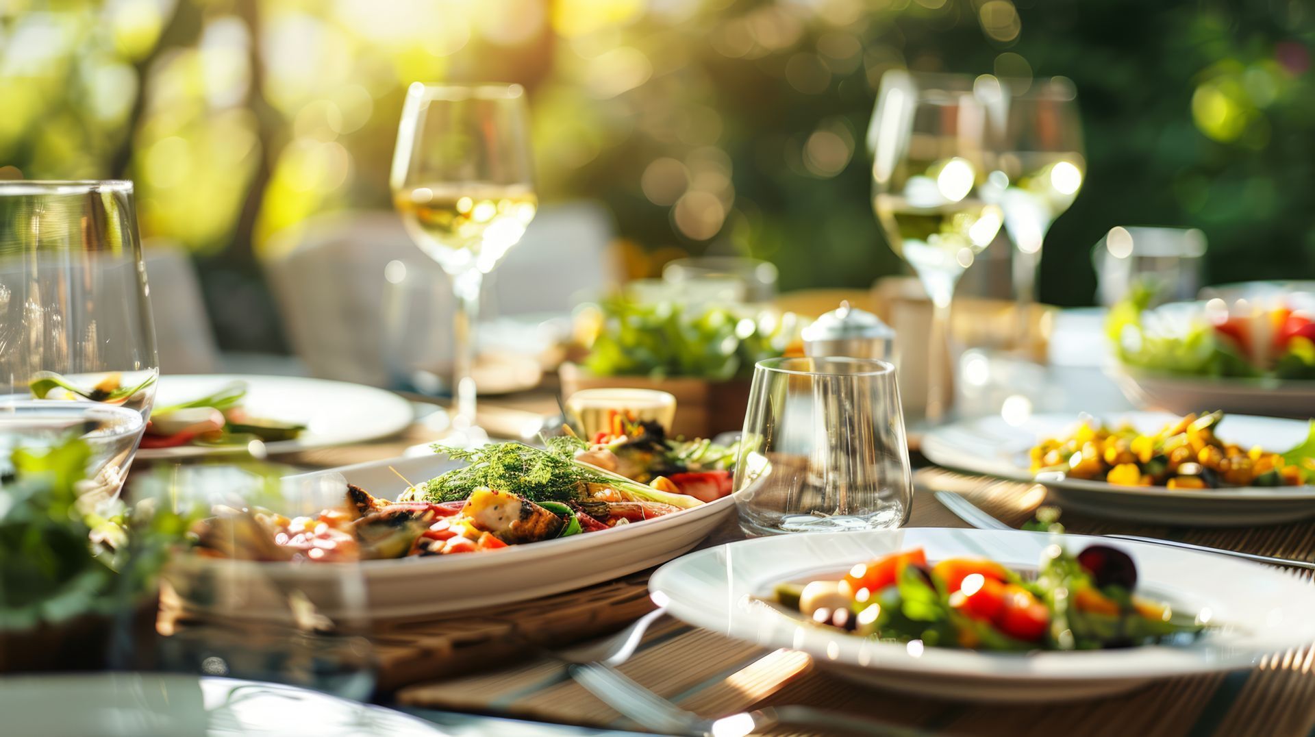 Sunlit outdoor dining table with plates of salad and wine glasses set for a meal