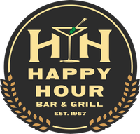 A logo for a bar and grill called happy hour bar & grill.