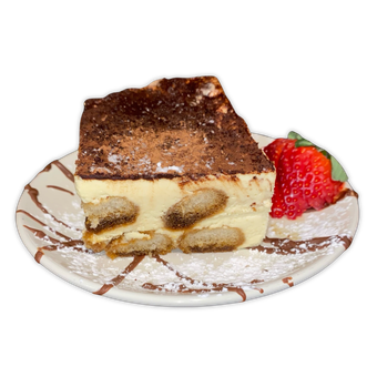 A piece of tiramisu on a plate with strawberries from Happy Hour Bar & Grill