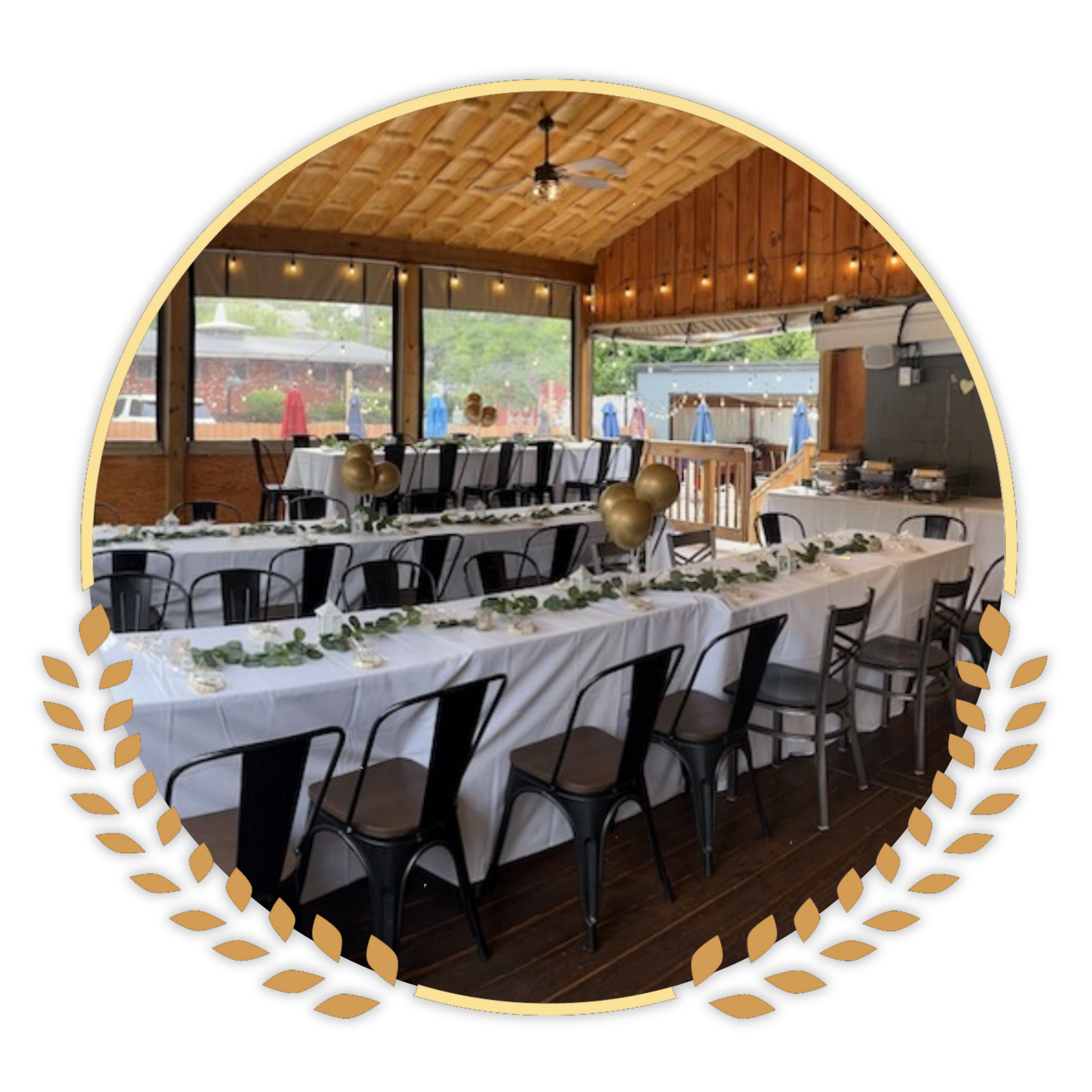 Happy Hour Bar & Grill back deck with tables and chairs set up for a wedding reception.