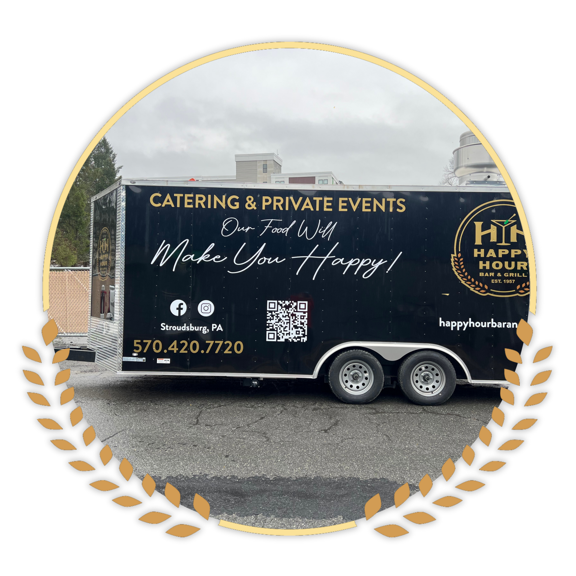 Happy Hour Bar & Grill catering and private events food truck parked in a parking lot.