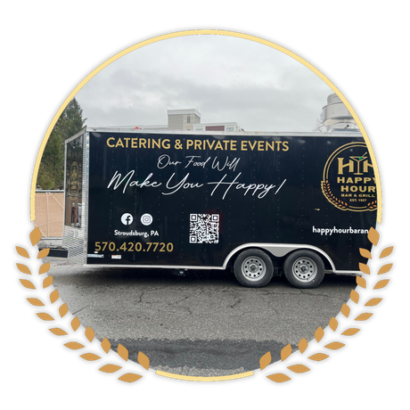 Happy Hour Bar & Grill catering and private events trailer is parked in a parking lot 