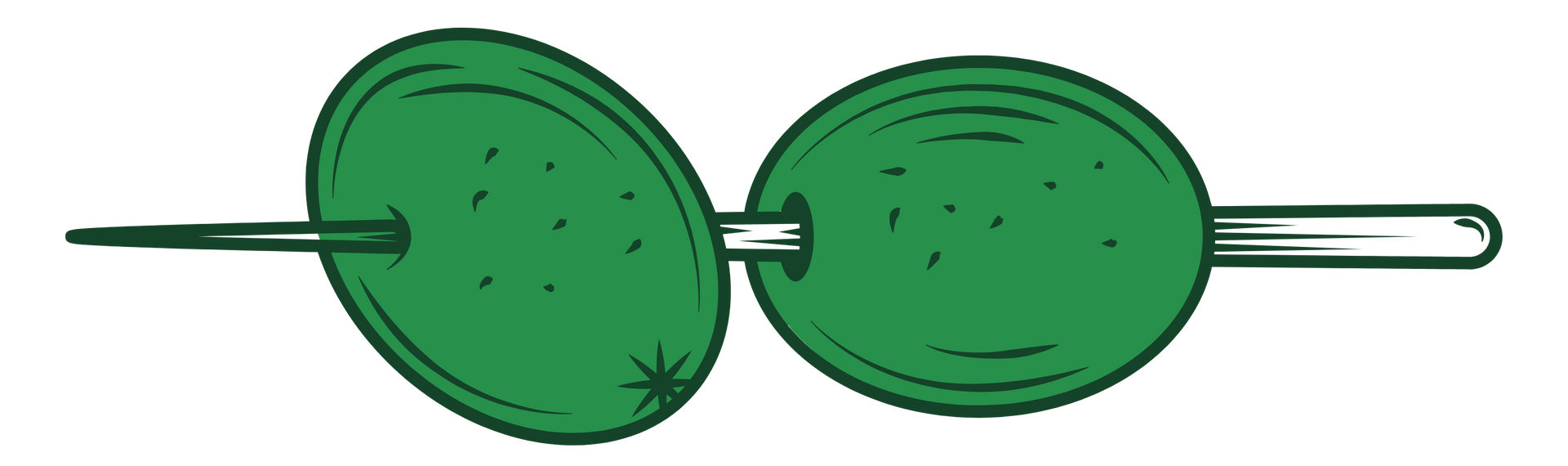 A cartoon drawing of two green olives with a toothpick attaching them.