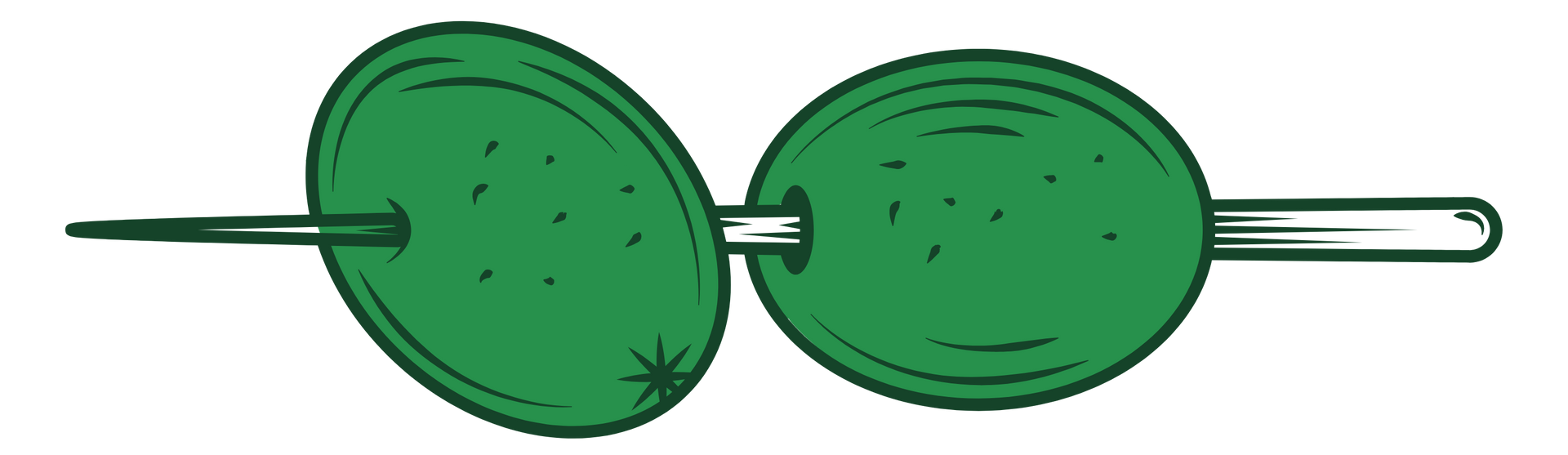 A cartoon drawing of two green olives with a toothpick attaching them.