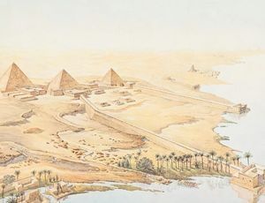 Illustration of ancient Egypt with pyramids and waterways, showing early land measurement and geomet