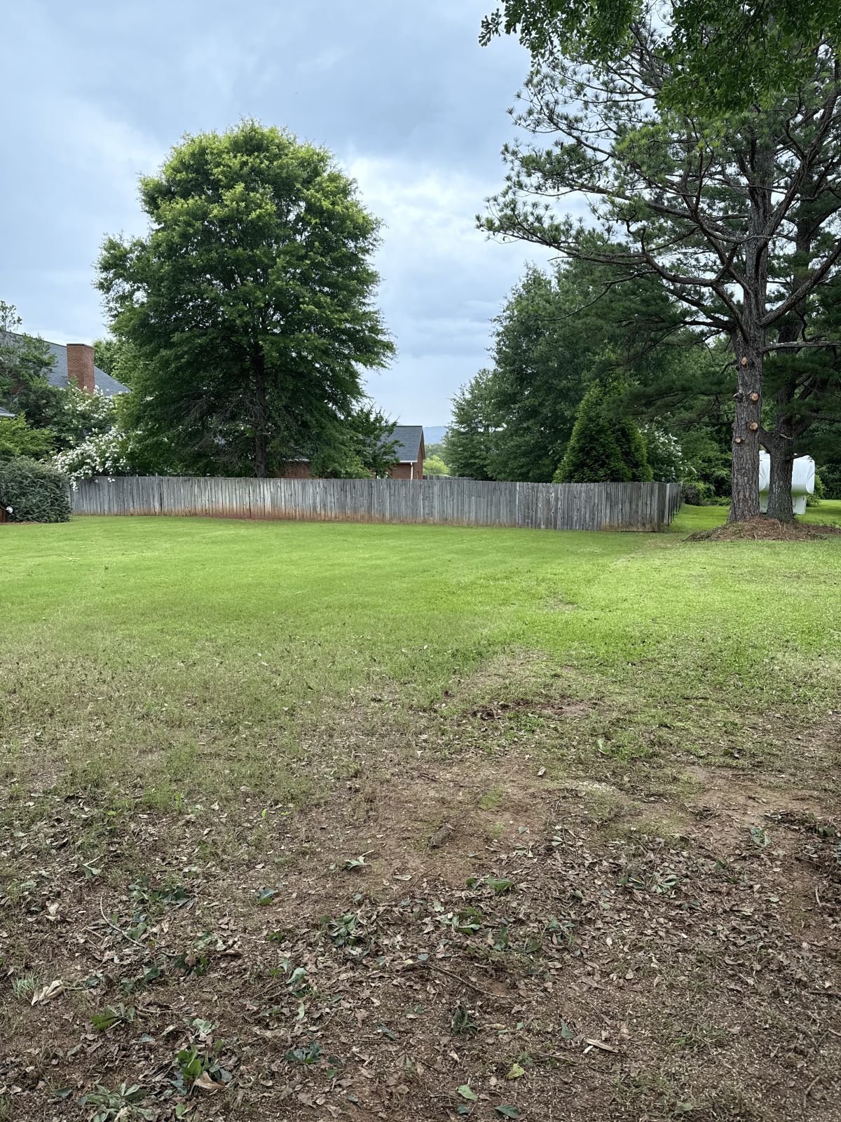 Green lawn with a weathered wooden fence in the background, trees on both sides under a cloudy sky.