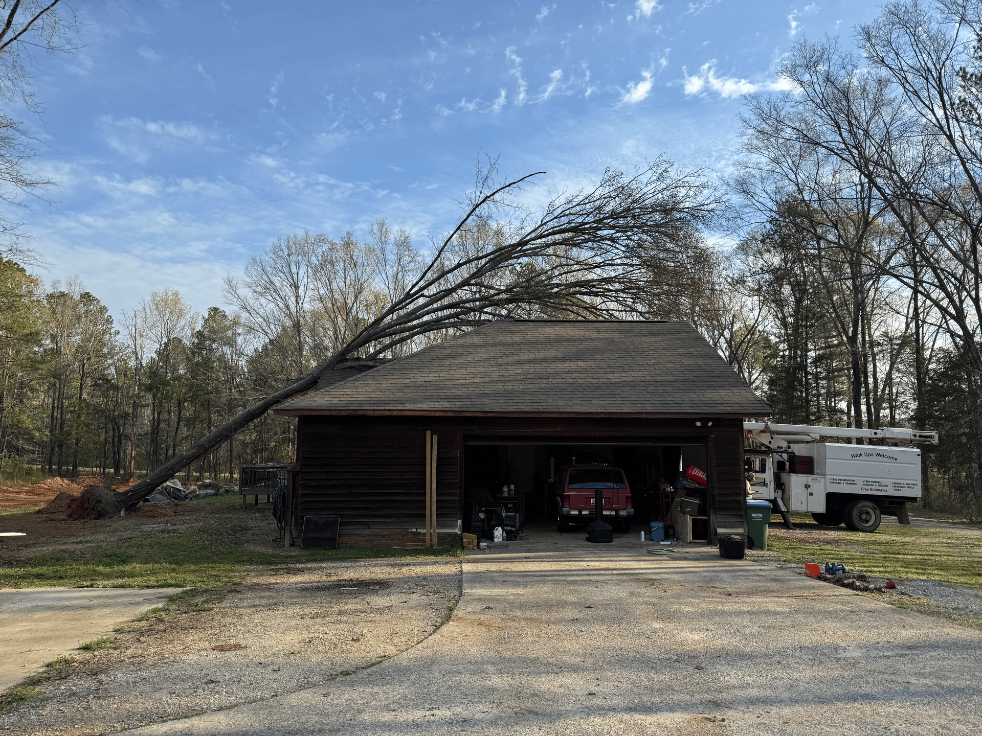 A large tree fallen on a wooden garage, blocking the entrance. The sky is blue.