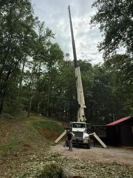 A large crane extending skyward in a wooded area, with a truck, two people, and a small building.