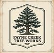 Logo for Fayne Creek Tree Works: text above an illustration of a tree, set against a wooden background.