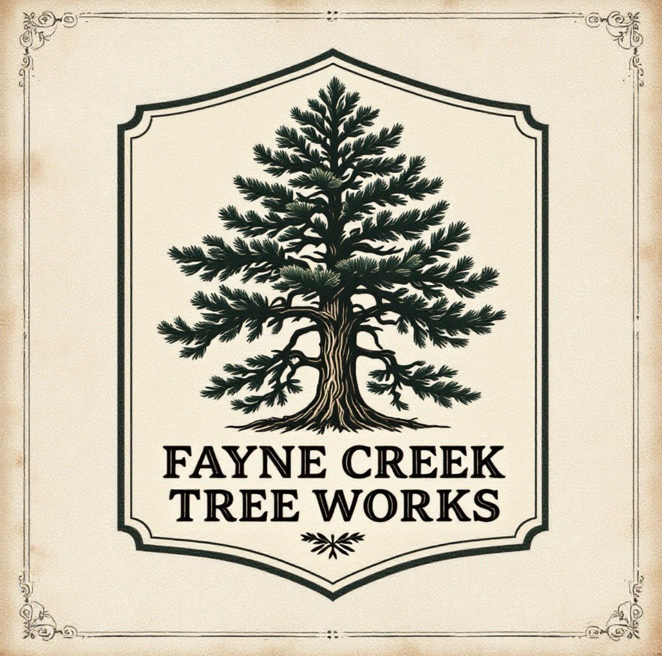 Logo for Fayne Creek Tree Works: text above an illustration of a tree, set against a wooden background.