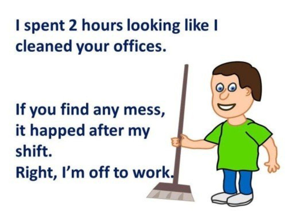 Cartoon man with a broom highlighting cheap office cleaning isn't worth it.