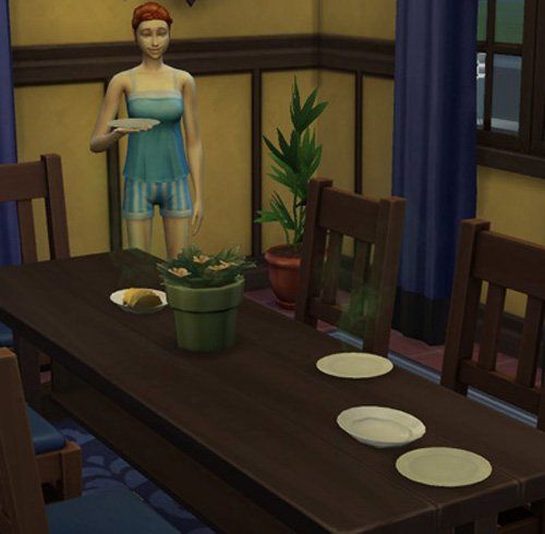 A sim cleaning dishes from table from the SIMS4