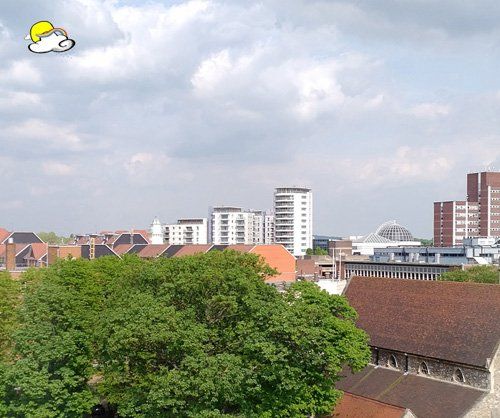 View-of-romford-from-height-with-sunny-rain-logo-in-sky