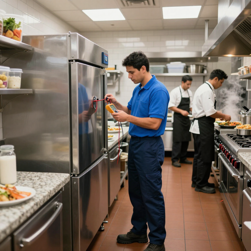 A technician in blue uniform uses a multimeter to inspect a stainless steel refrigerator in a commercial kitchen.