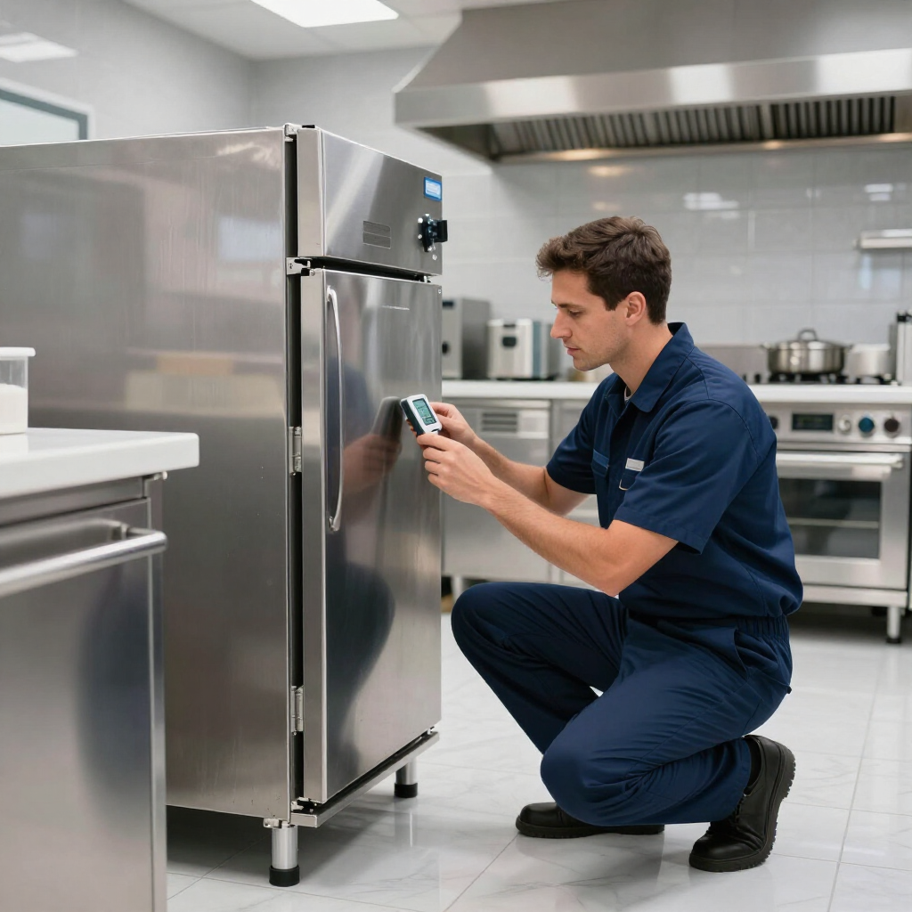 A technician in a blue uniform crouches to test the temperature of a stainless steel commercial refrigerator.