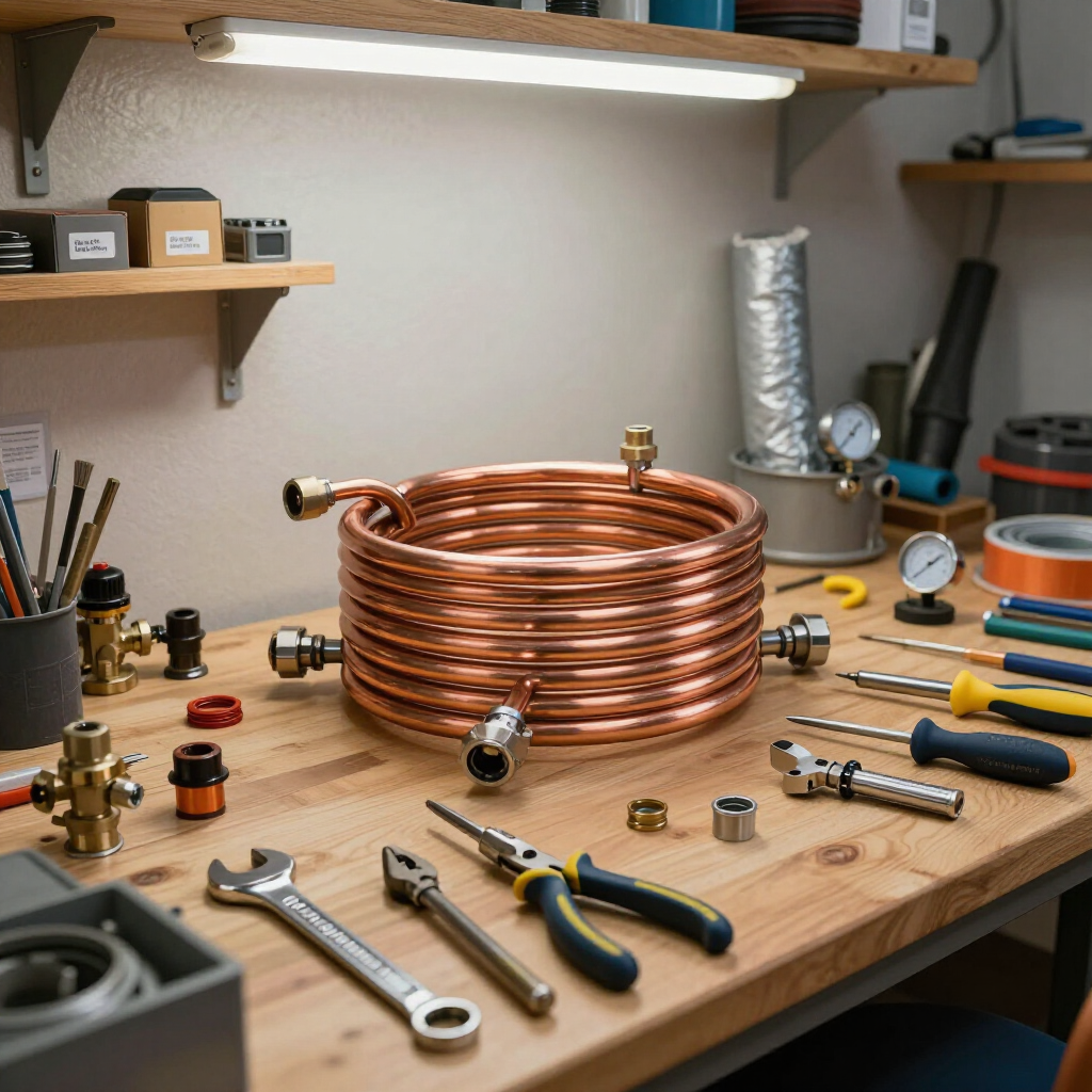 A copper coil sits on a wooden workbench surrounded by various tools, including pliers, a wrench, and pressure gauges.