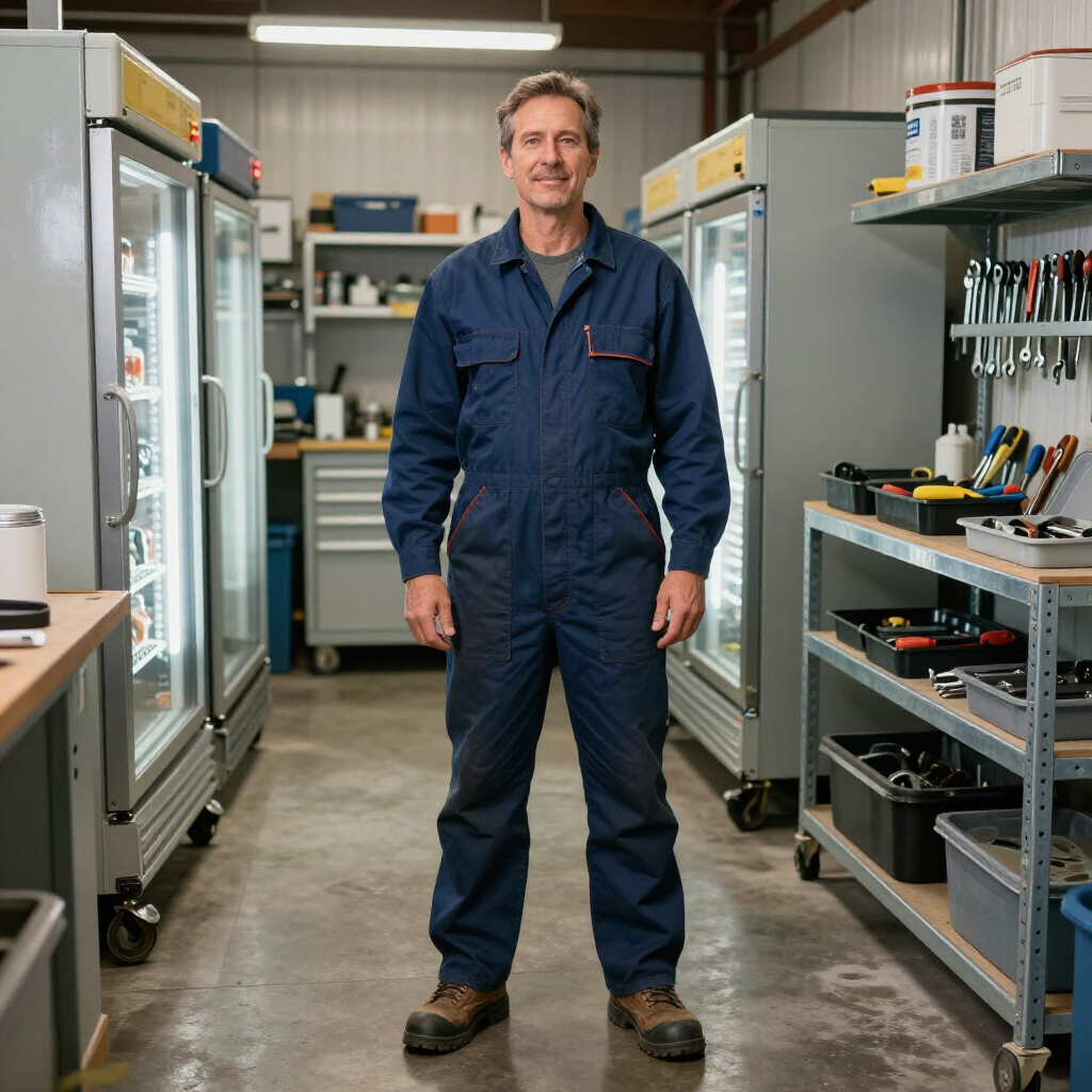 A person in a blue jumpsuit stands in a workshop between two large refrigerators, with shelving and tools nearby.
