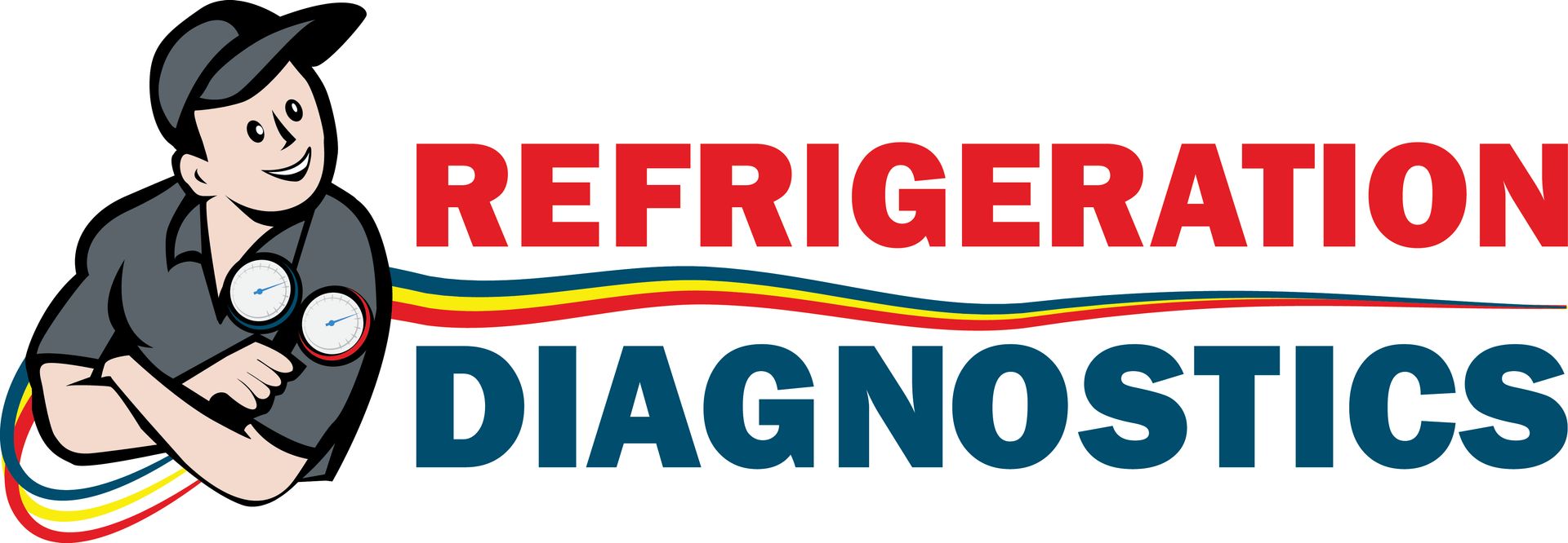 A technician holding gauges next to the red and dark blue text 