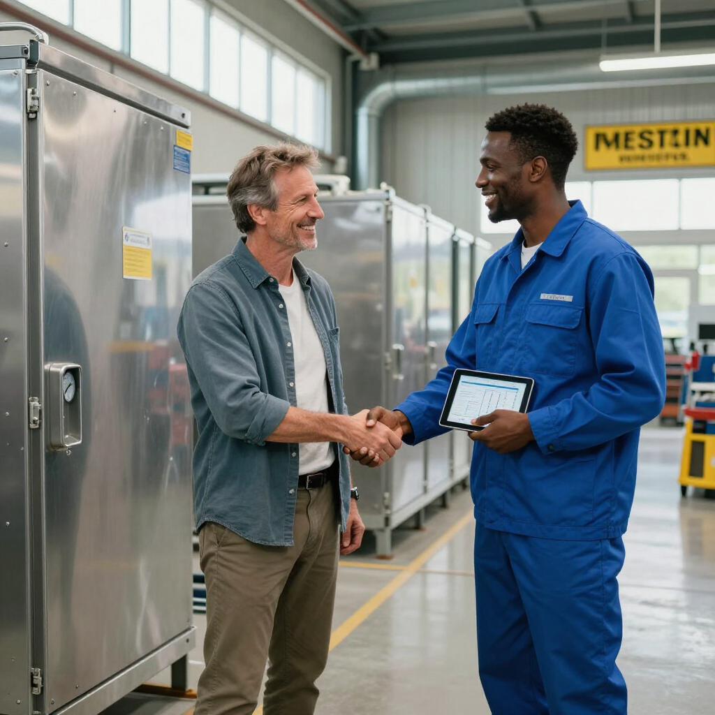 Two people shaking hands in a bright industrial facility, one holding a tablet, standing beside metal equipment.