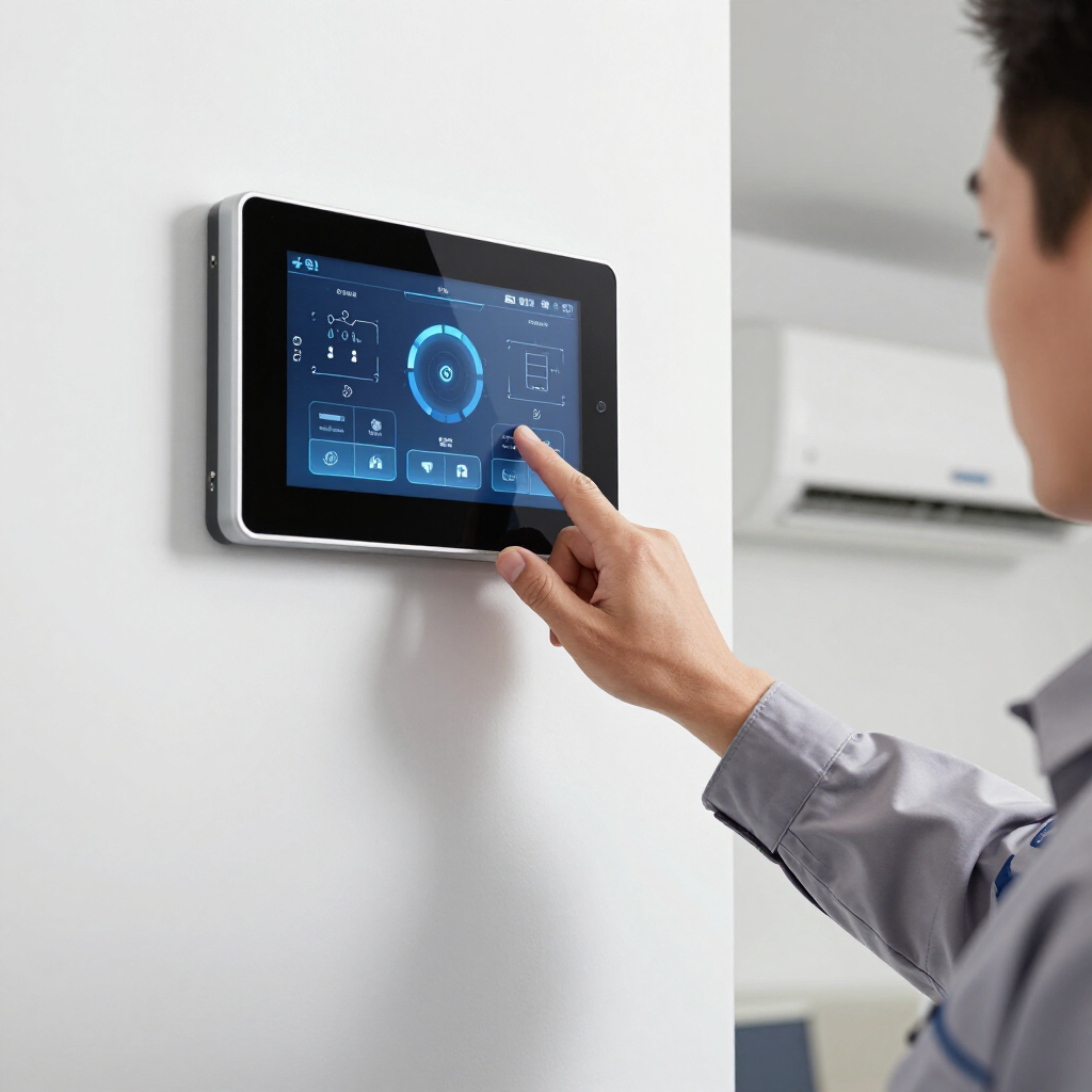 A person in a gray uniform interacts with a wall-mounted digital home automation touchscreen control panel.