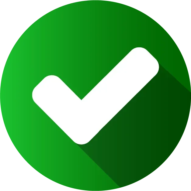 A white check mark in a green circle with a long shadow.