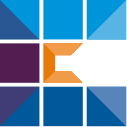 Logo: Grid of blue, purple, and white squares surrounding an orange stylized 