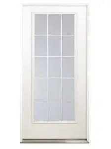 A white door with a glass window on a white background.