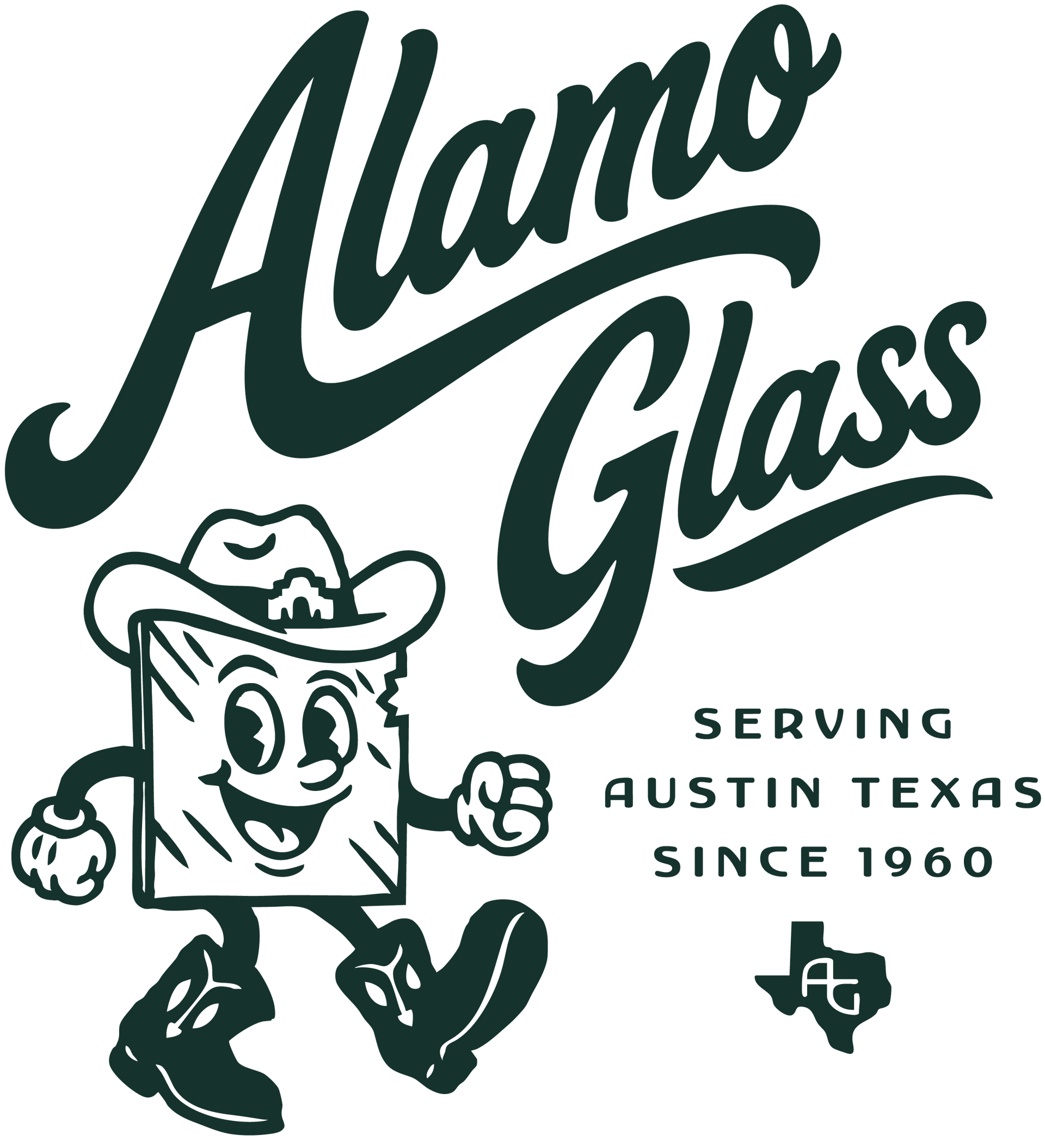 A black and white logo for alamo glass with a building in the middle.