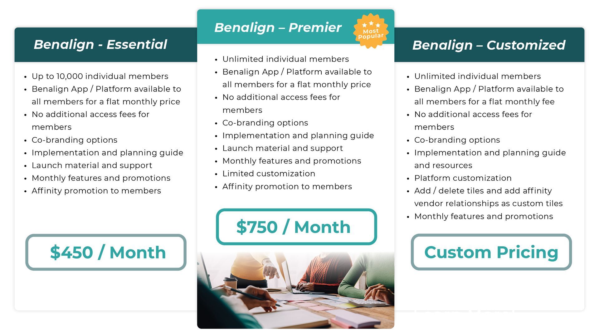 Benalign Affinity Plans Pricing Models - Essential, Premier, Customized