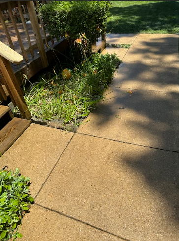 A concrete walkway leading to a deck with a wooden railing.