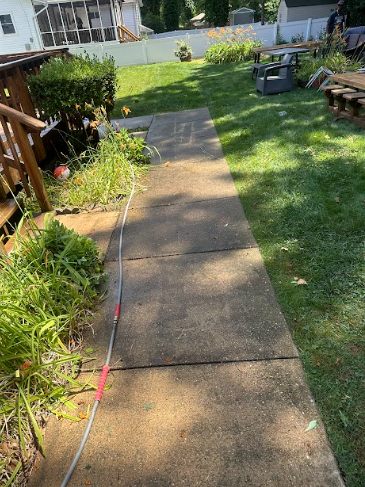 A concrete walkway leading to a lush green yard.