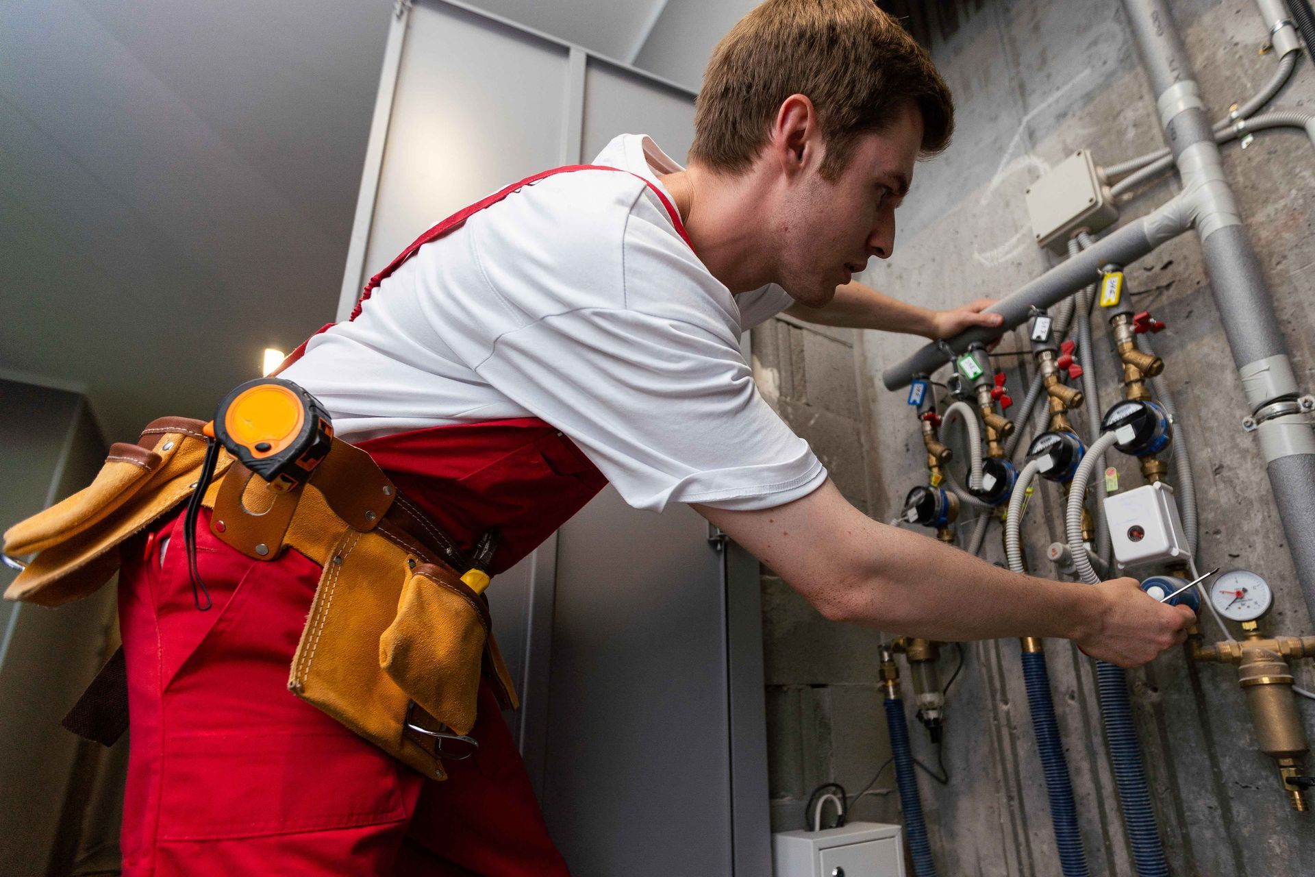 Plumber in red overalls adjusting pipes with a tool belt, indoor setting, measuring gauges.