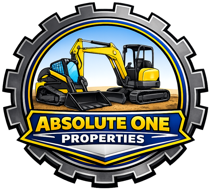 Logo for Absolute One Properties with construction equipment inside a gear, phone number provided.