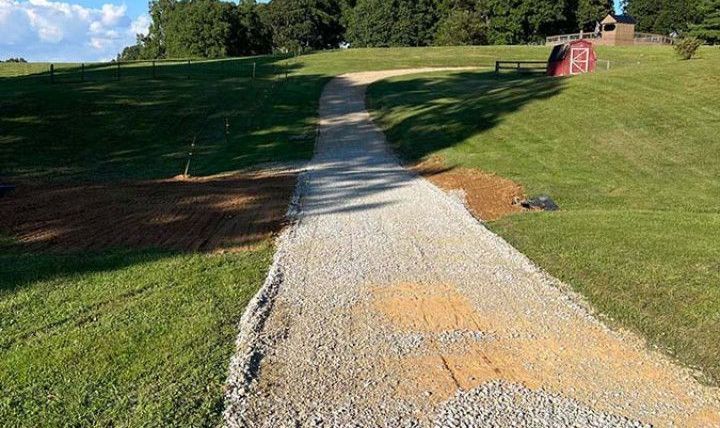 A gravel road going through a grassy field with a barn in the background.