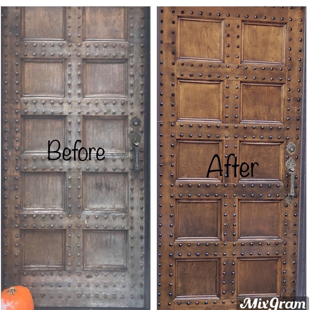 A before and after picture of a wooden door