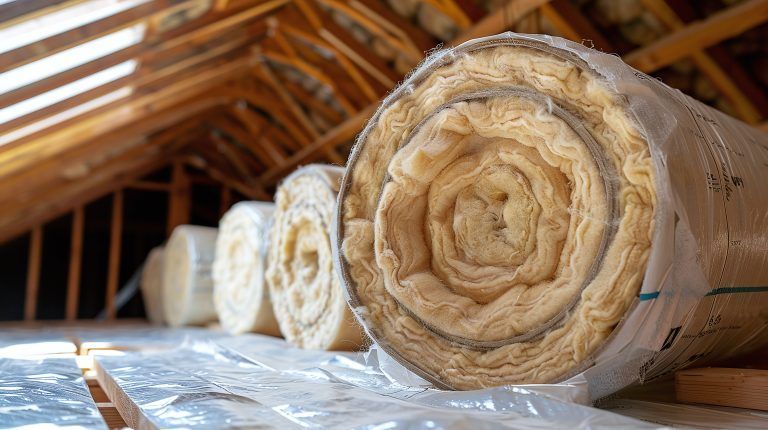 Rolls of insulation in an attic. Yellow-beige material encased in plastic, resting on boards beneath roof beams.