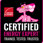 Owens Corning Certified Energy Expert logo with Pink Panther. Black background, pink and white text.