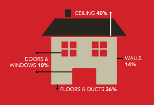 Diagram showing heat loss in a house: ceiling (40%), floors & ducts (36%), walls (14%), and doors & windows (10%).