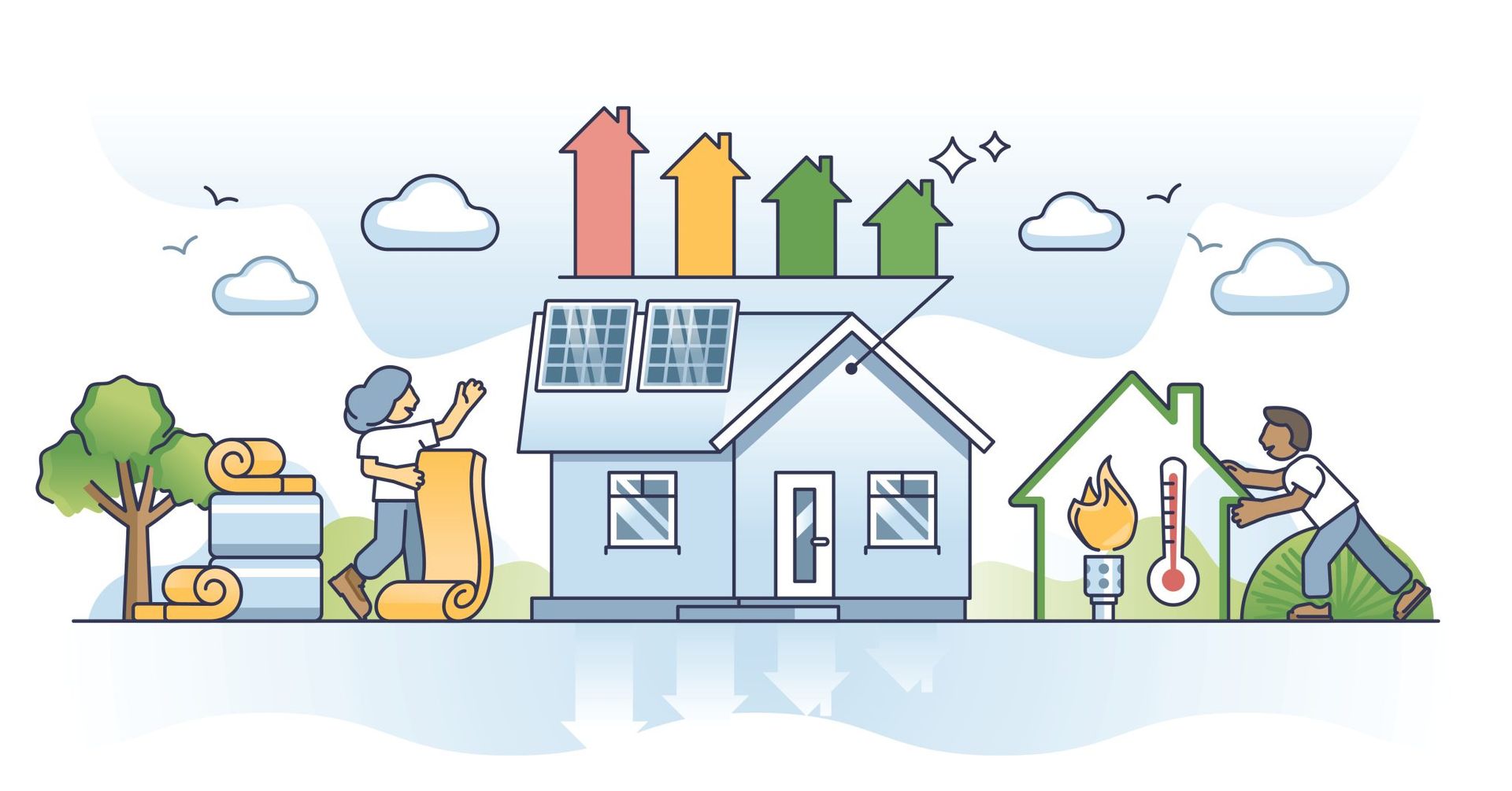 House insulation and energy efficiency concept with people, houses, and colored arrows.