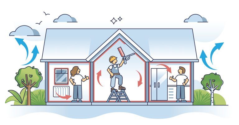Illustration of a house being insulated. A worker is sealing a gable, and people are inside the house.