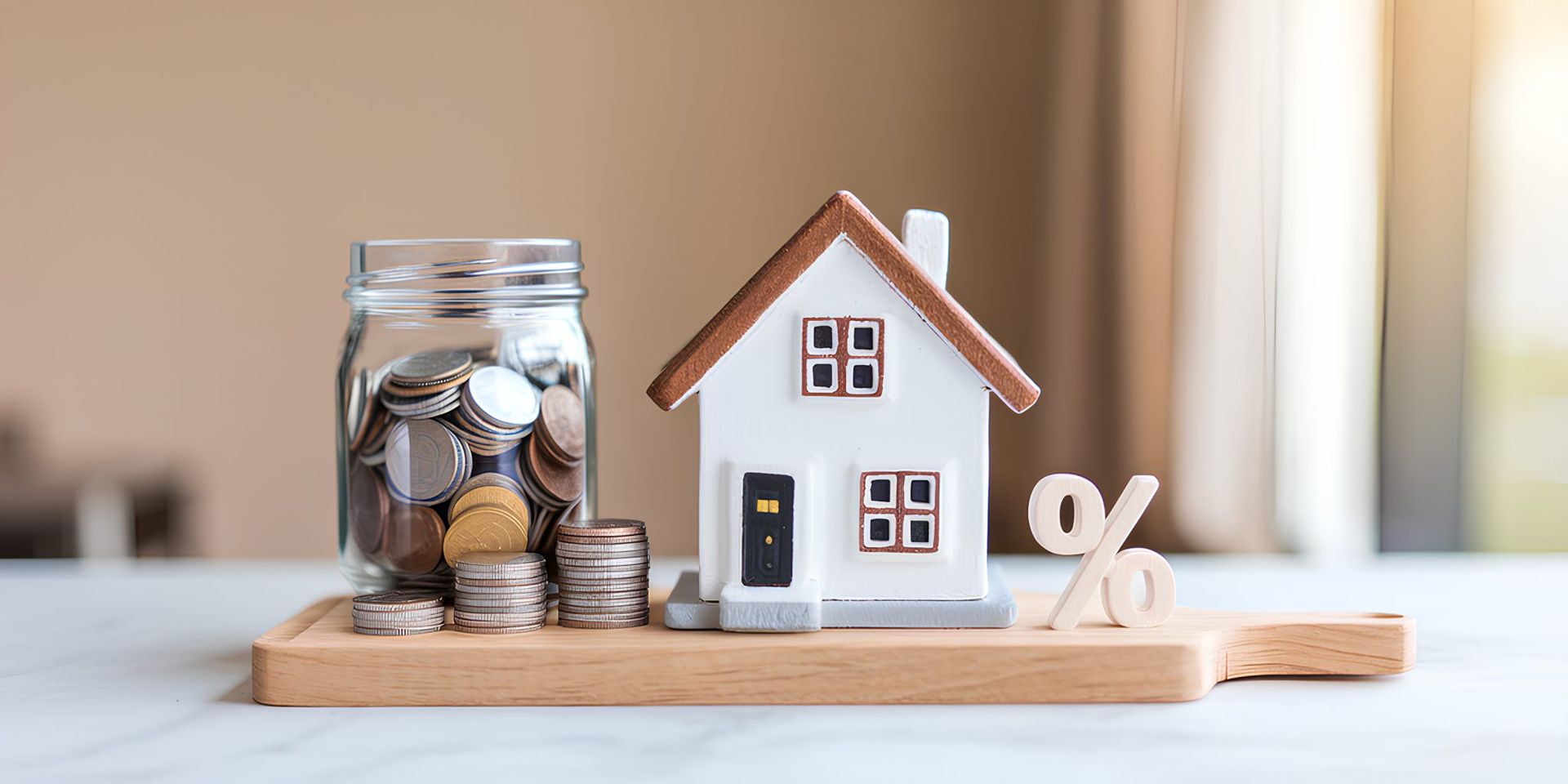 A miniature house, coins in a jar, and a percentage symbol on a wooden tray, representing home savings.