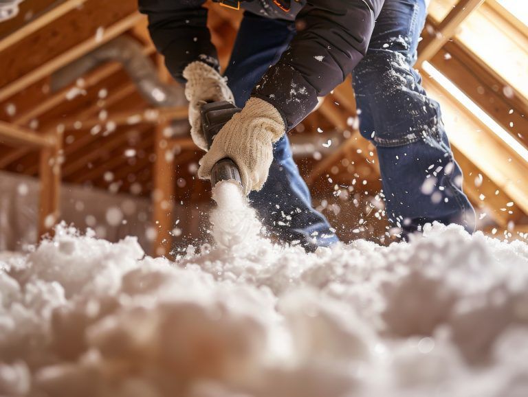 Person shoveling insulation in an attic, wearing gloves and a jacket, with the insulation flying.