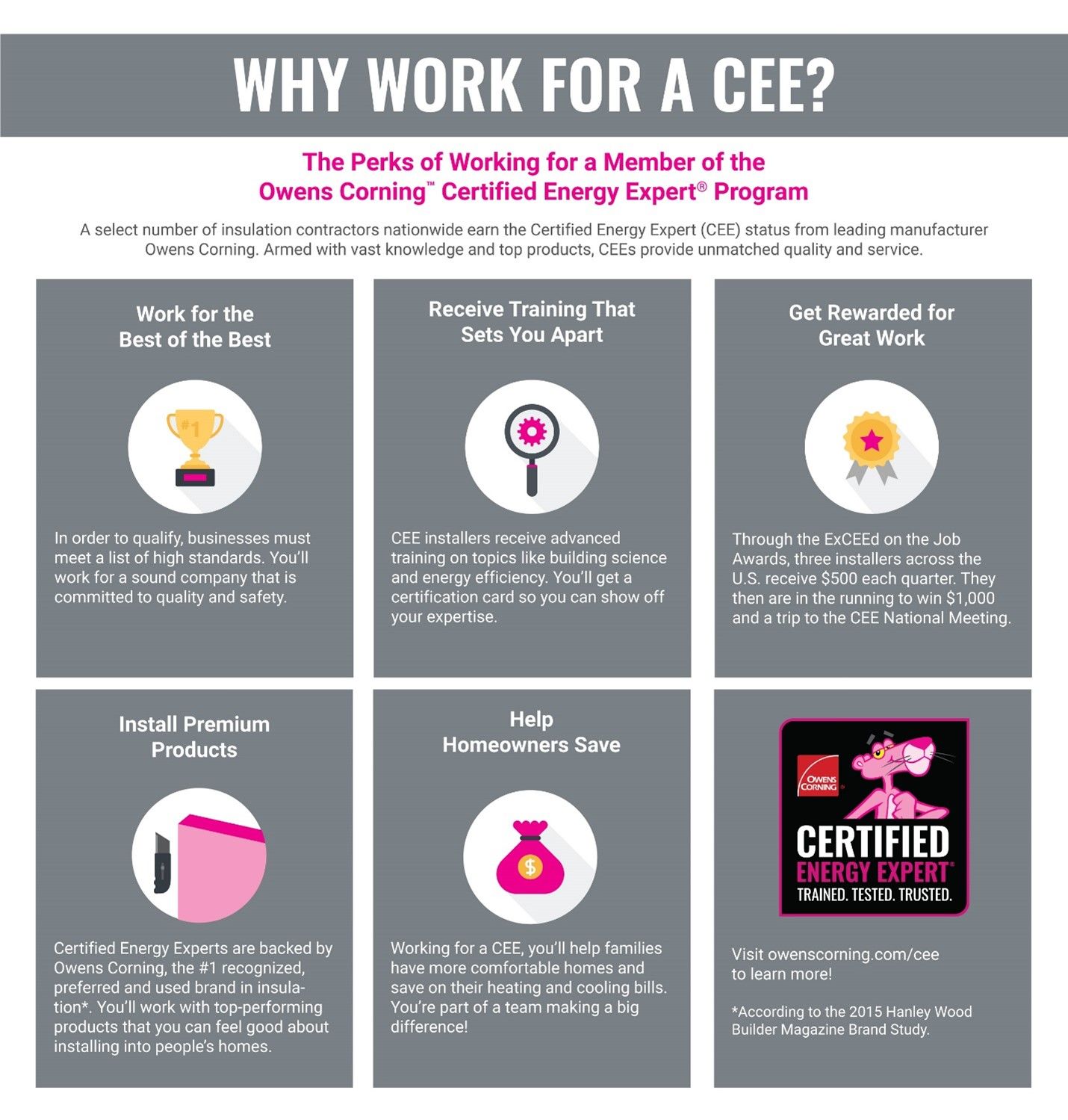 Infographic: Benefits of working for a Certified Energy Expert. Includes perks, icons, and certification badge.