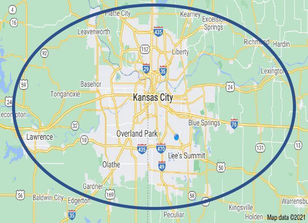 Map of Kansas City, Missouri area with major cities and highways highlighted inside a blue oval.