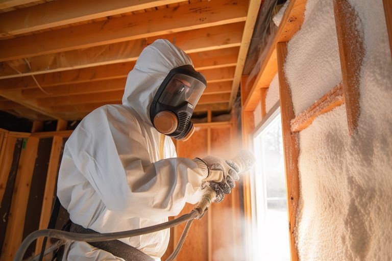 Person in protective suit sprays foam insulation into a wall frame.