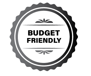 A black and white badge that says budget friendly