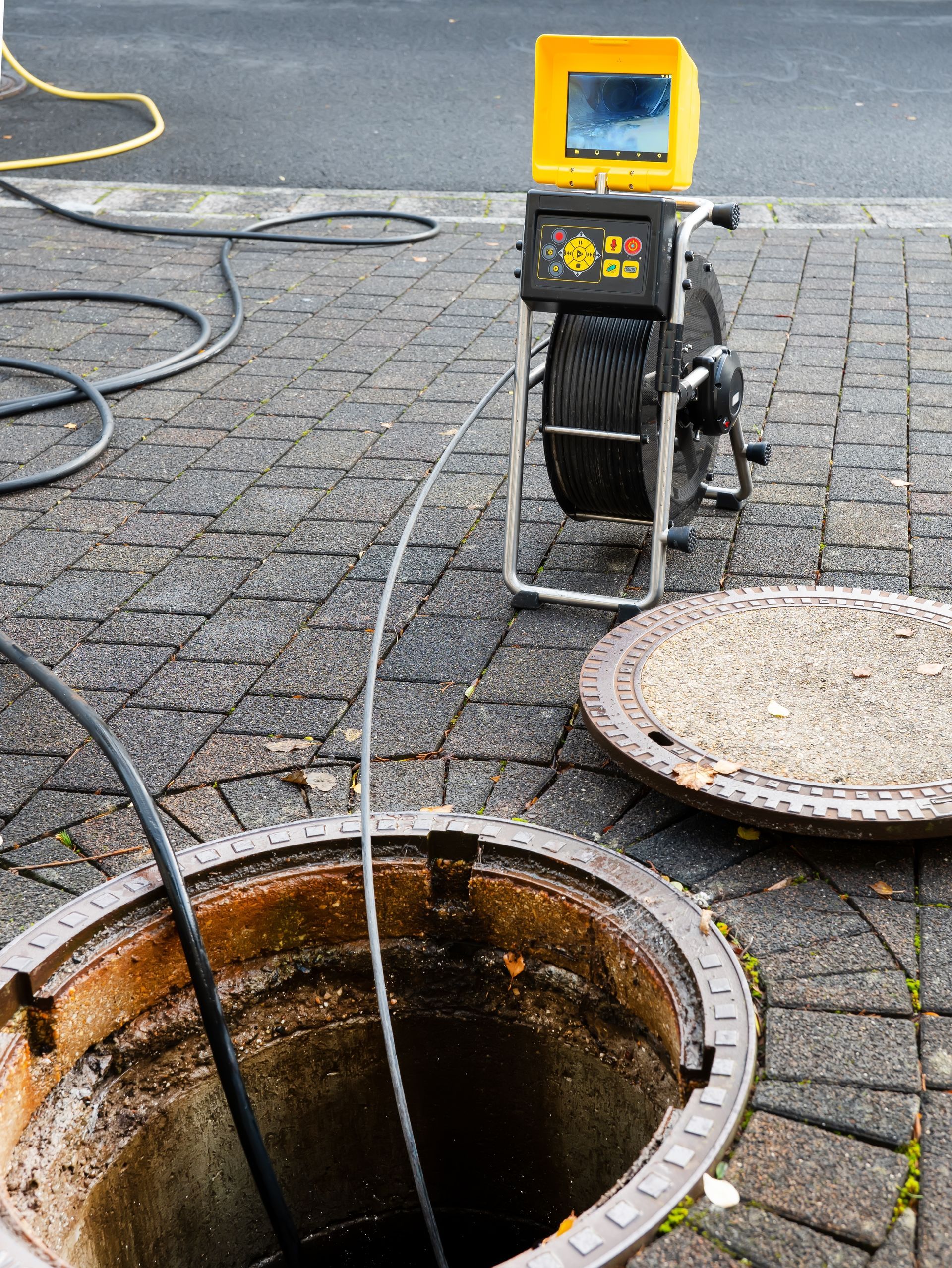 A manhole cover is being inspected by a camera.
