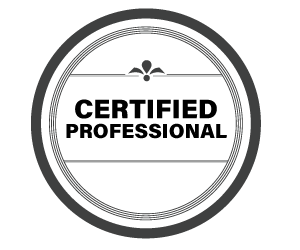 A black and white logo that says certified professional